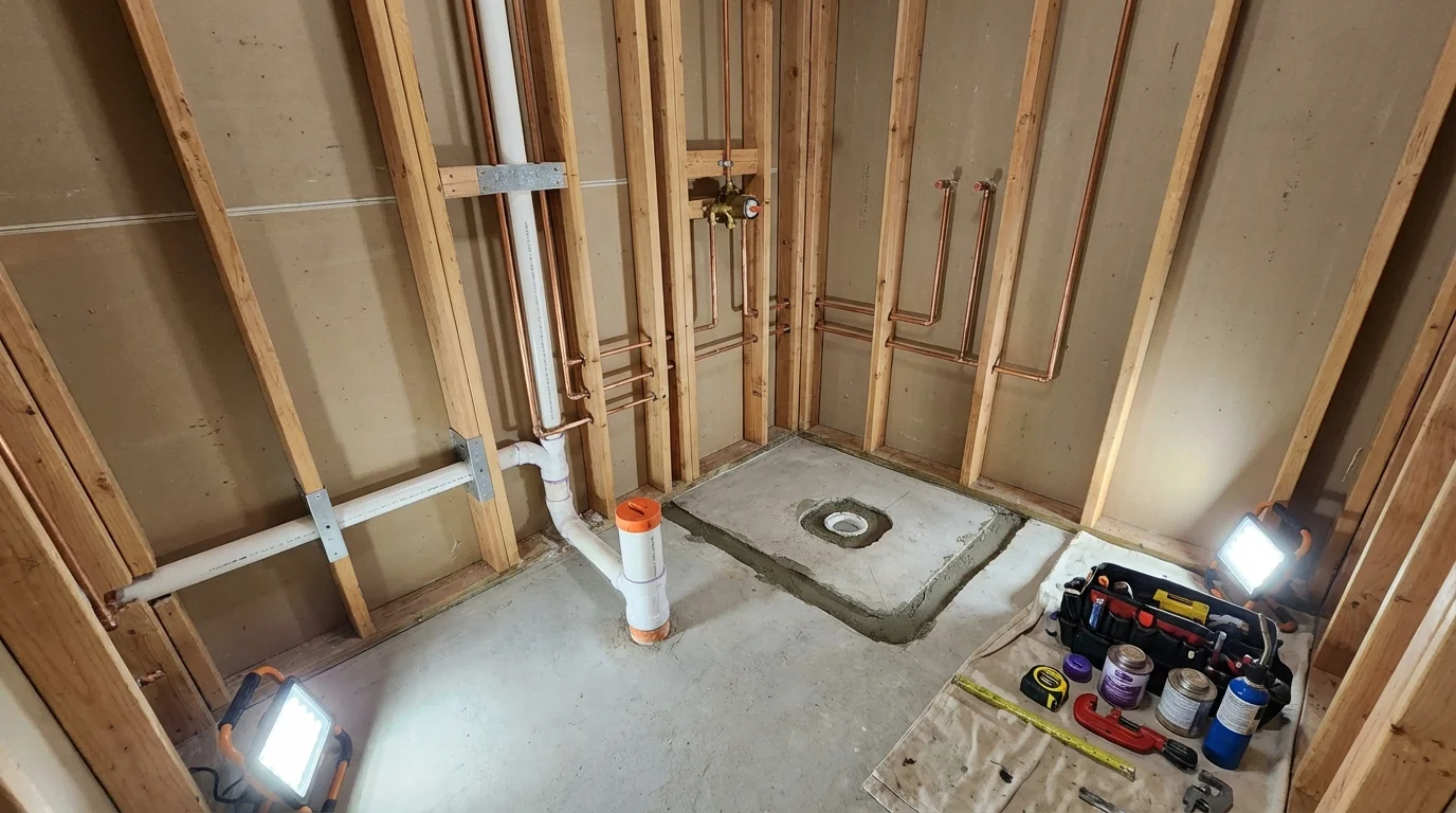 Bathroom rough-in plumbing during remodel by Johns Plumbing LLC in Toulon