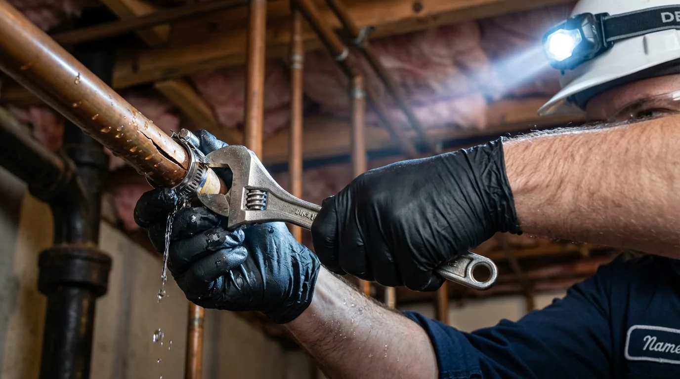 Emergency pipe clamp repair being performed by a Johns Plumbing LLC plumber in Toulon