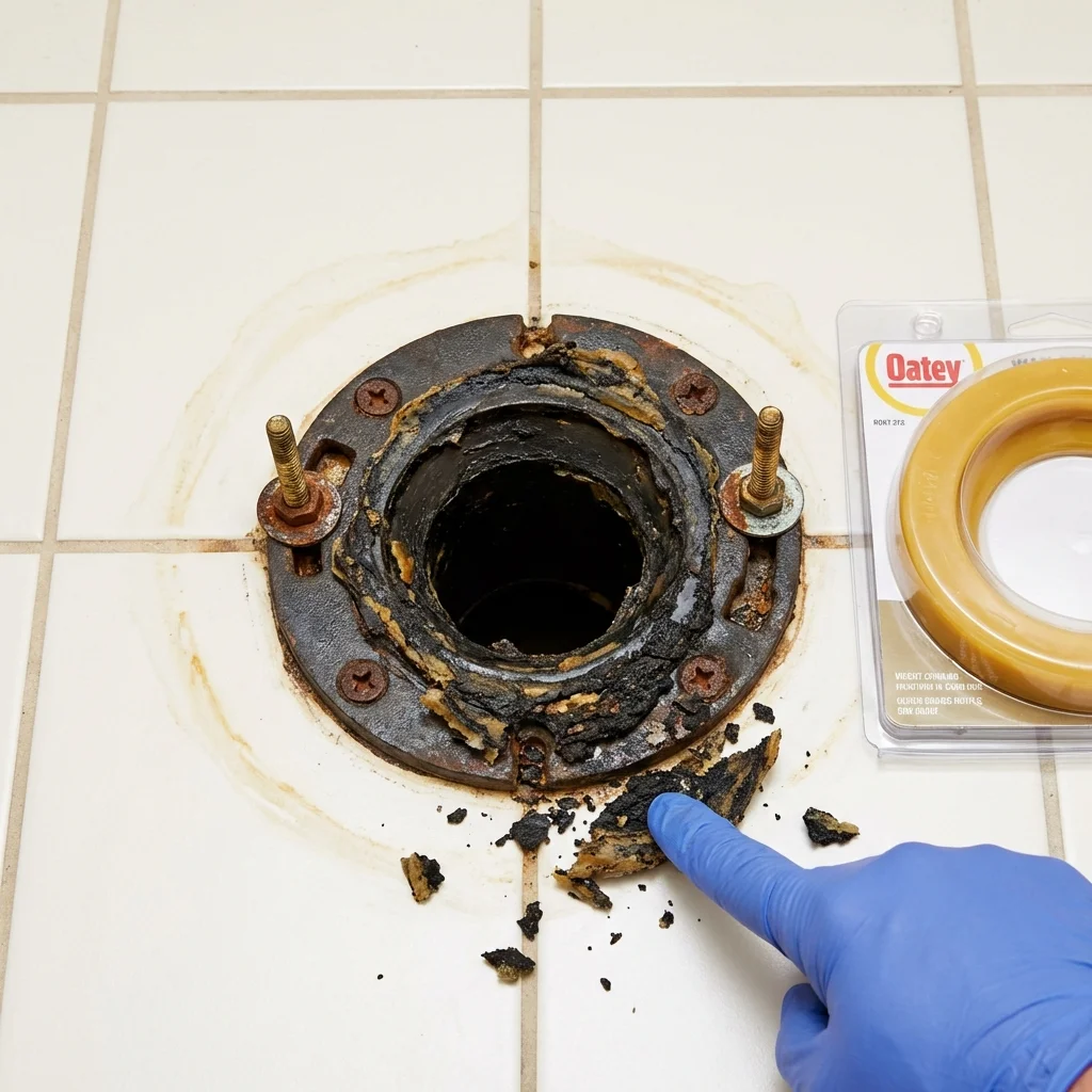 Failed wax ring showing water seepage at the base of a toilet in a Toulon, IL home