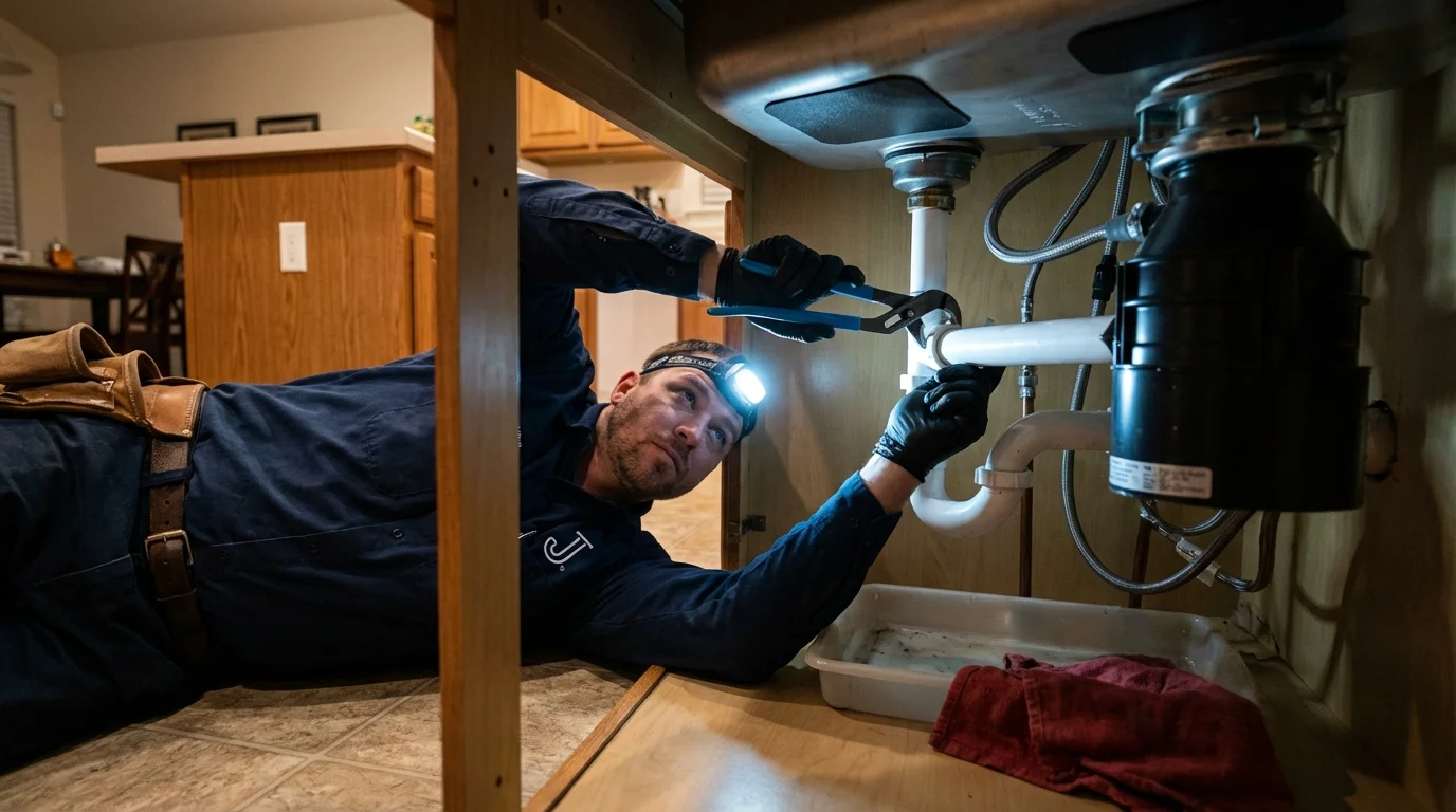 P-trap and supply line connections under a kitchen sink showing a common leak point in Toulon, IL